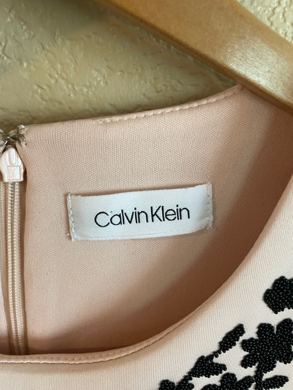 Calvin Klein Blush Pink Midi Sheath Dress with Black Embroidered Floral Appliqué - Picture 3 of 5